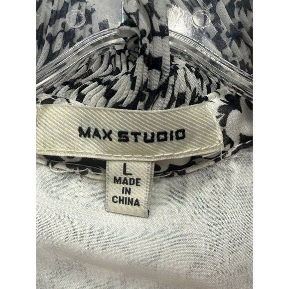 Max Studio Black White Floral Geoprint Elastic Cuff Tie Front Blouse Tunic L Top - Picture 3 of 9